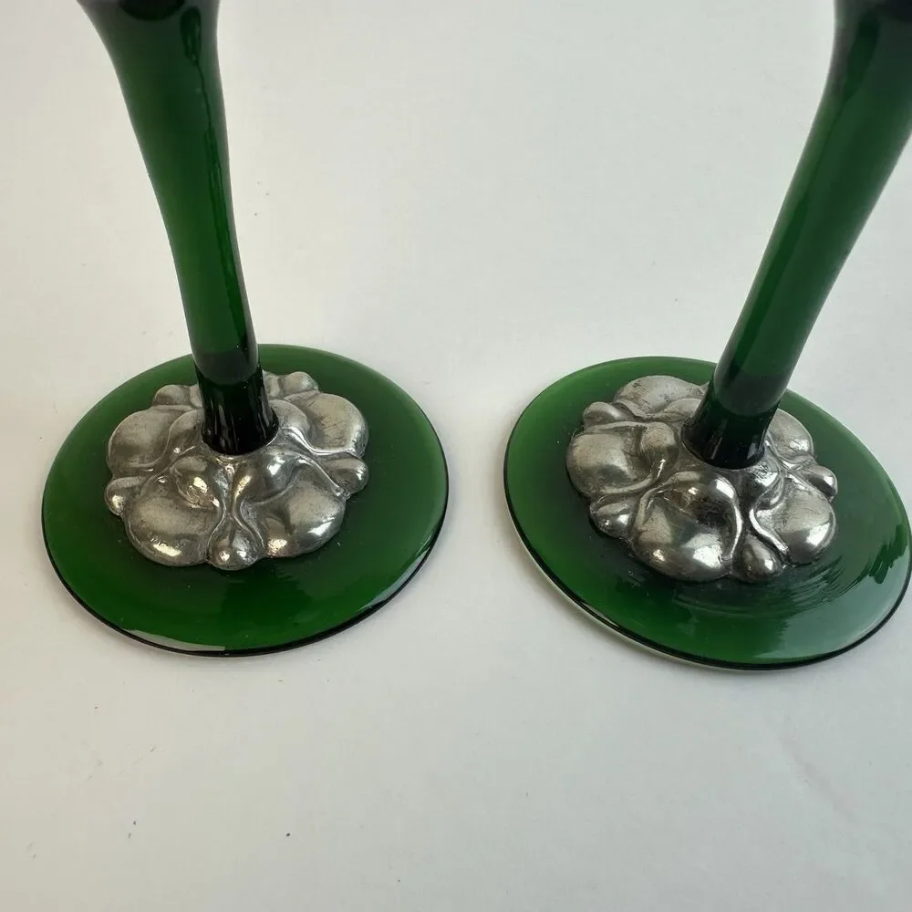 Green Genie Bottle Decanter 2 Glasses Pewter Cherry Overlay MCM Barware Vintage